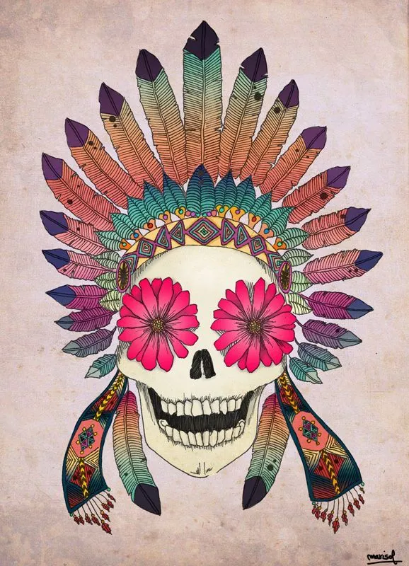 Calavera con flores y plumas. Skull with flower and feathers. Si ...