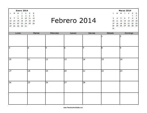 Calendario Febrero 2014 en Blanco - Para Imprimir Gratis ...