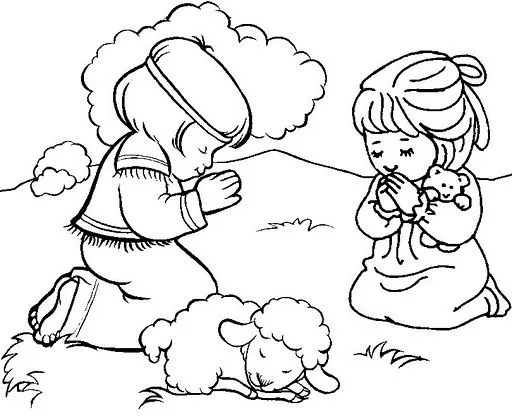 Colorear a niños rezando, dos niños y una oveja