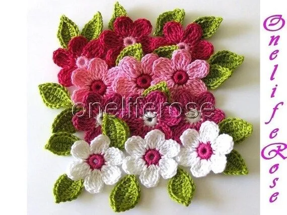 Crochet flores 12 piezas con 12 hojas... Pinky por OnelifeRosen