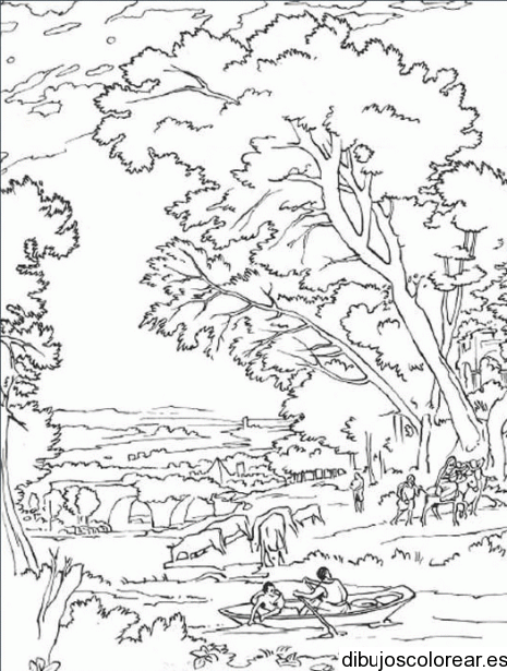 Dibujo de un bosque con dos hombres en el río | Dibujos para Colorear