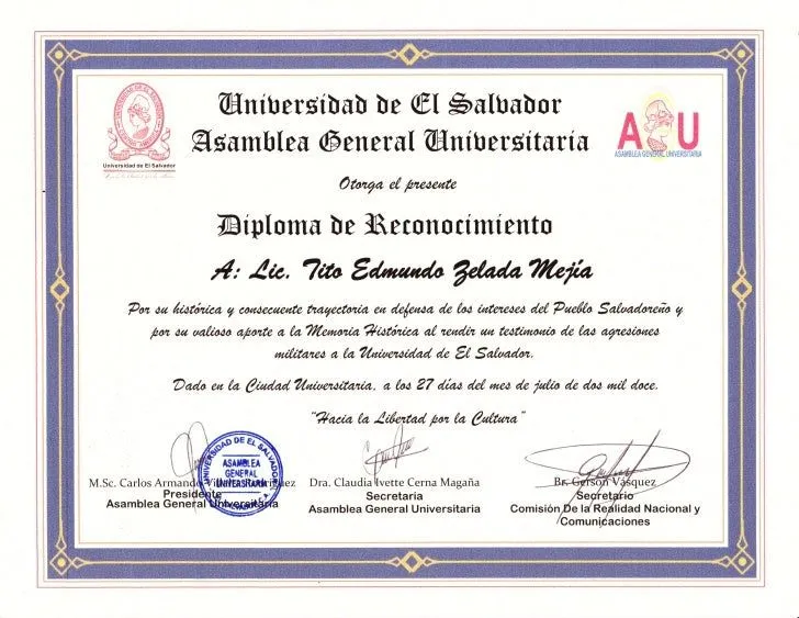 Diploma de Reconocimiento al Lic. Tito Edmundo Zelada Mejía por su tr…