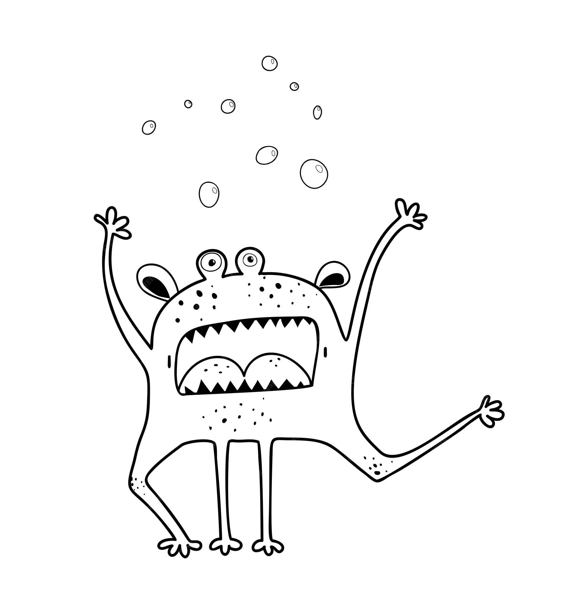 Divertido monstruo aterrador gritando agitando la mano y gritando criatura,  adorable personaje imaginario monocromático para el libro de colorear de  actividades para niños. página para colorear de contorno en blanco y negro.  |