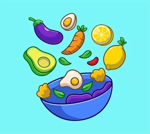 Ensalada de frutas y verduras en dibujos animados de tazón de fuente.  concepto de día mundial de la alimentación plana | Vector Premium