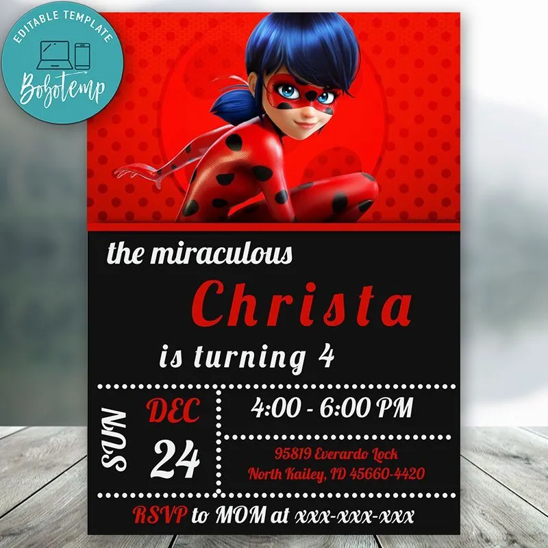 Invitación de fiesta de cumpleaños de mariquita milagrosa editable DIY |  Bobotemp