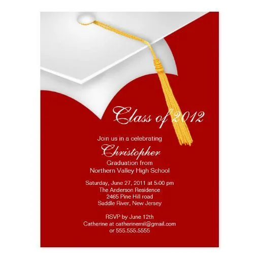 Invitación roja blanca de la fiesta de graduación postal | Zazzle