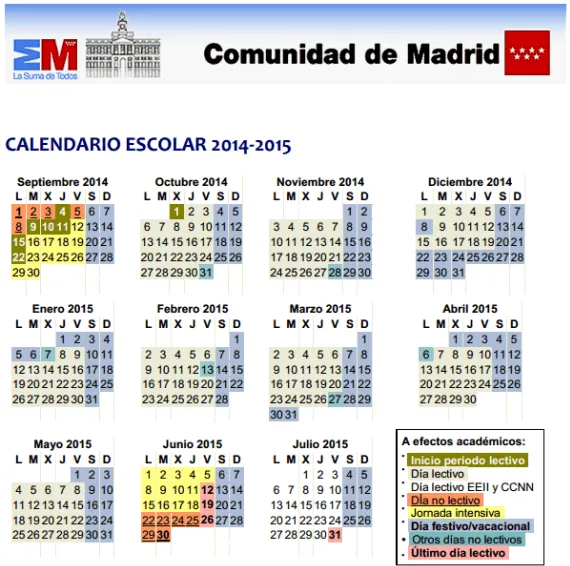 Calendario escolar curso 2014-2015 de la Comunidad de Madrid | es ...
