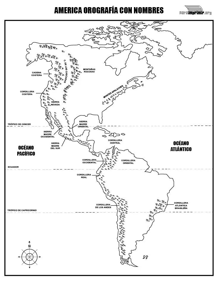 Mapa de la orografía de América con nombres para imprimir