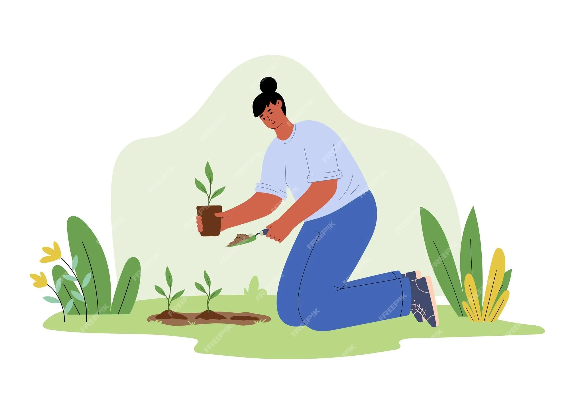 Mujer sembrando plantas en el jardín actividades de personas planta de  jardinería voluntaria día de la tierra | Vector Premium