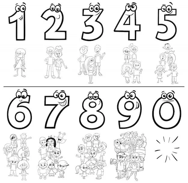 I numeri del fumetto hanno impostato la pagina del libro da colorare con i  bambini | Vettore Premium