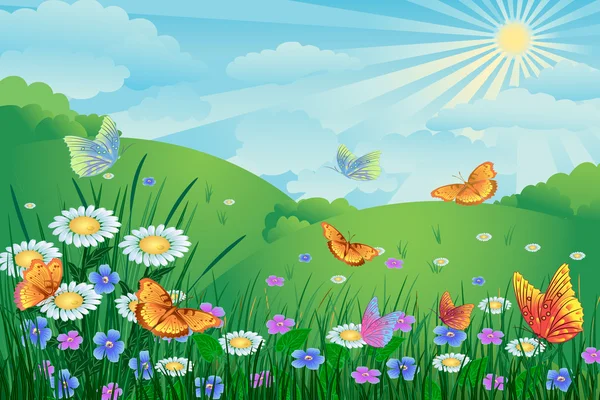 Paisaje verde con flores y mariposas — Vector stock © tory #6490910