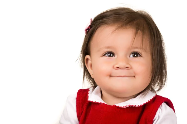 Retrato de niña adorable bebé morena con vestido rojo — Foto stock ...