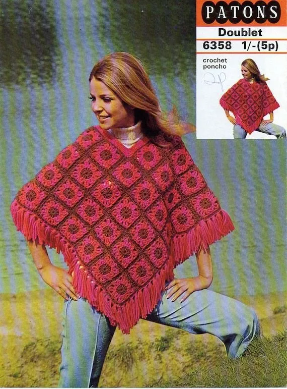 setenta tradicional Poncho Granny Square Crochet por tinpotlil