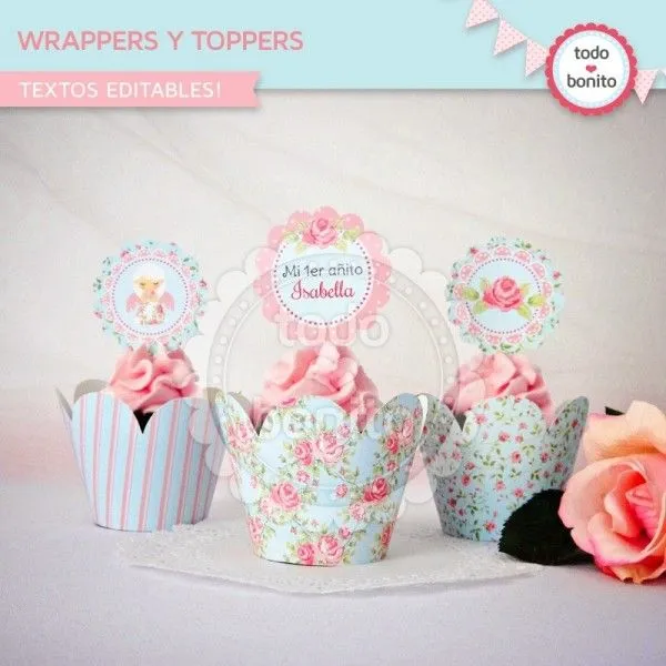 Shabby Chic aqua+rosa: wrappers y toppers - Todo Bonito