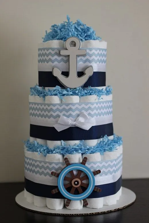 Tarta de pañales estilo marinero de manualidades Baby Shower para ... Tarta de pañales estilo marinero de manualidades Baby Shower para ...