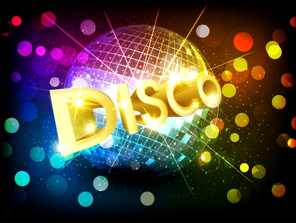 Vector disco background with disco ball and gold lettering — Stock ...