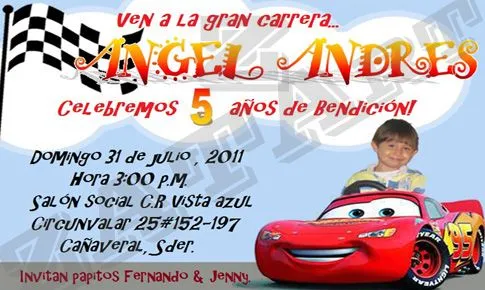 zatart: Invitaciones de cumpleaños de Cars para Angel Andres Castillo!
