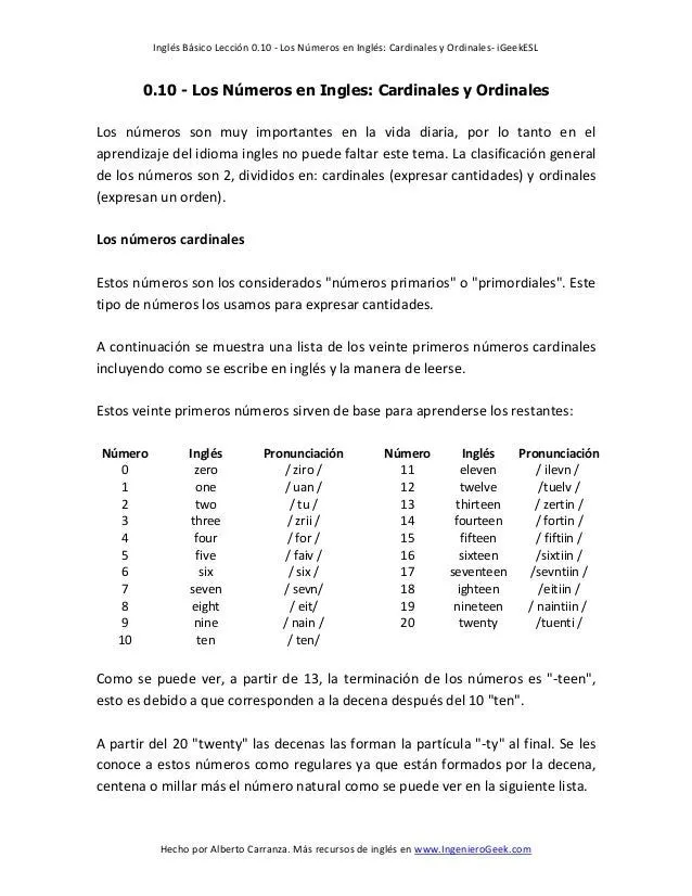 0.10 los números en ingles cardinales y ordinales