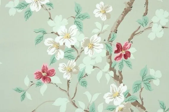 1940's Vintage Wallpaper - Floral Wallpaper with Pink and White Dogwo…