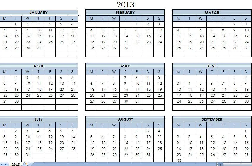 2013 Printable One Page Calendar Yearly Excel Template | 2012 ...