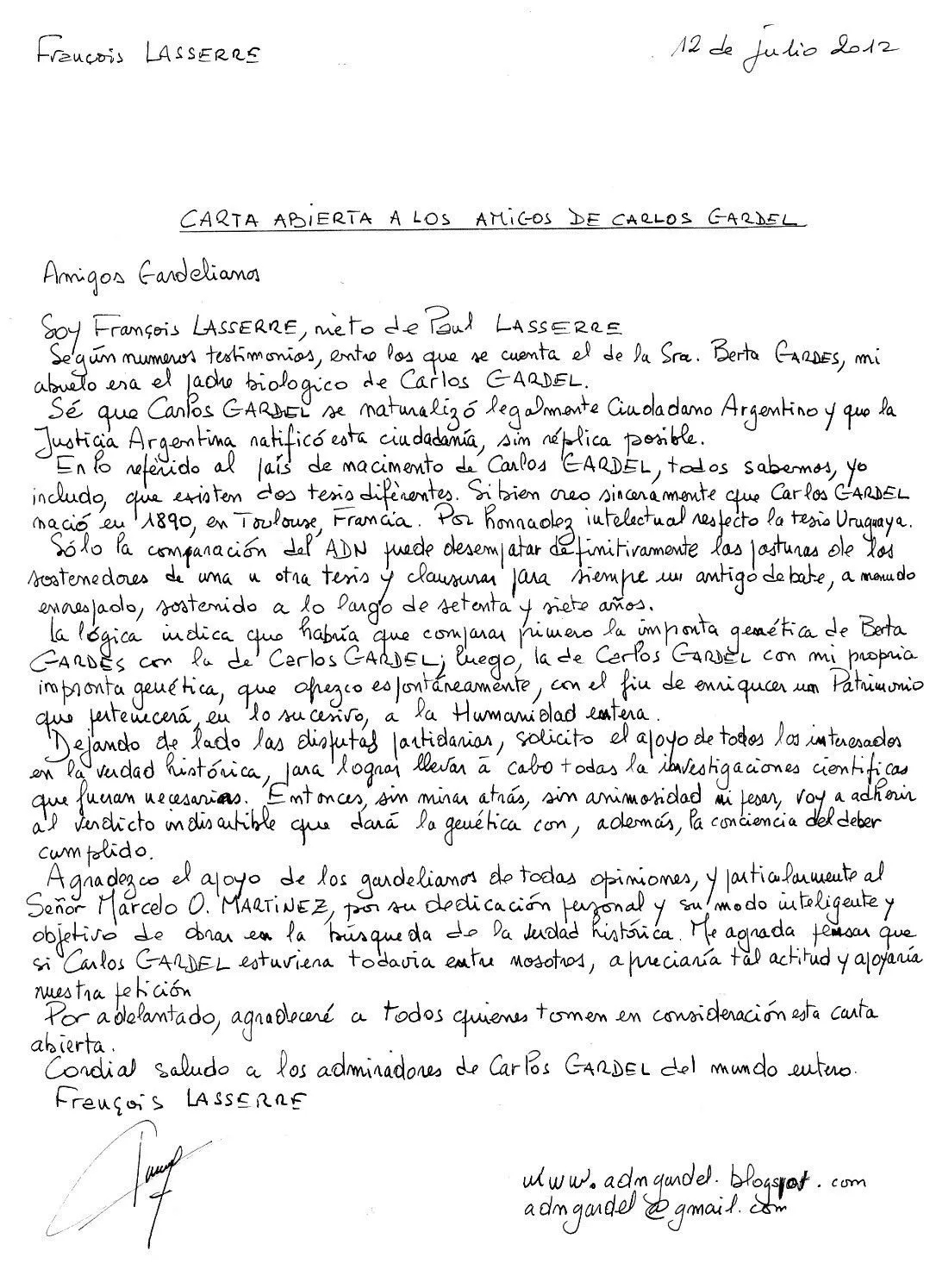 ADN PARA GARDEL por François Lasserre (sobrino presunto de Carlos ...