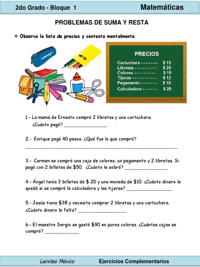 2do Grado - Matemáticas - Problemas de Suma y Resta | PDF