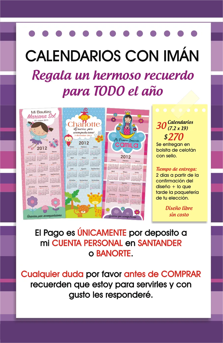 30 Calendarios Con Iman/invitaciones/bautizo/baby Shower (Otros) en ...