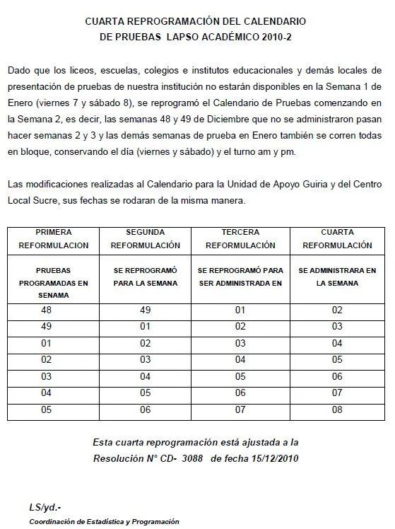 4ta. Reprogramación Calendario de Pruebas 2010-2 | INGENIERIA DE ...