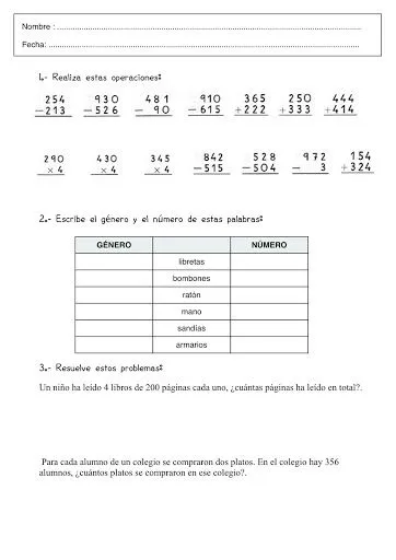 ACTIVIDADES DE 2º DE PRIMARIA DE LENGUA Y MATEMATICAS