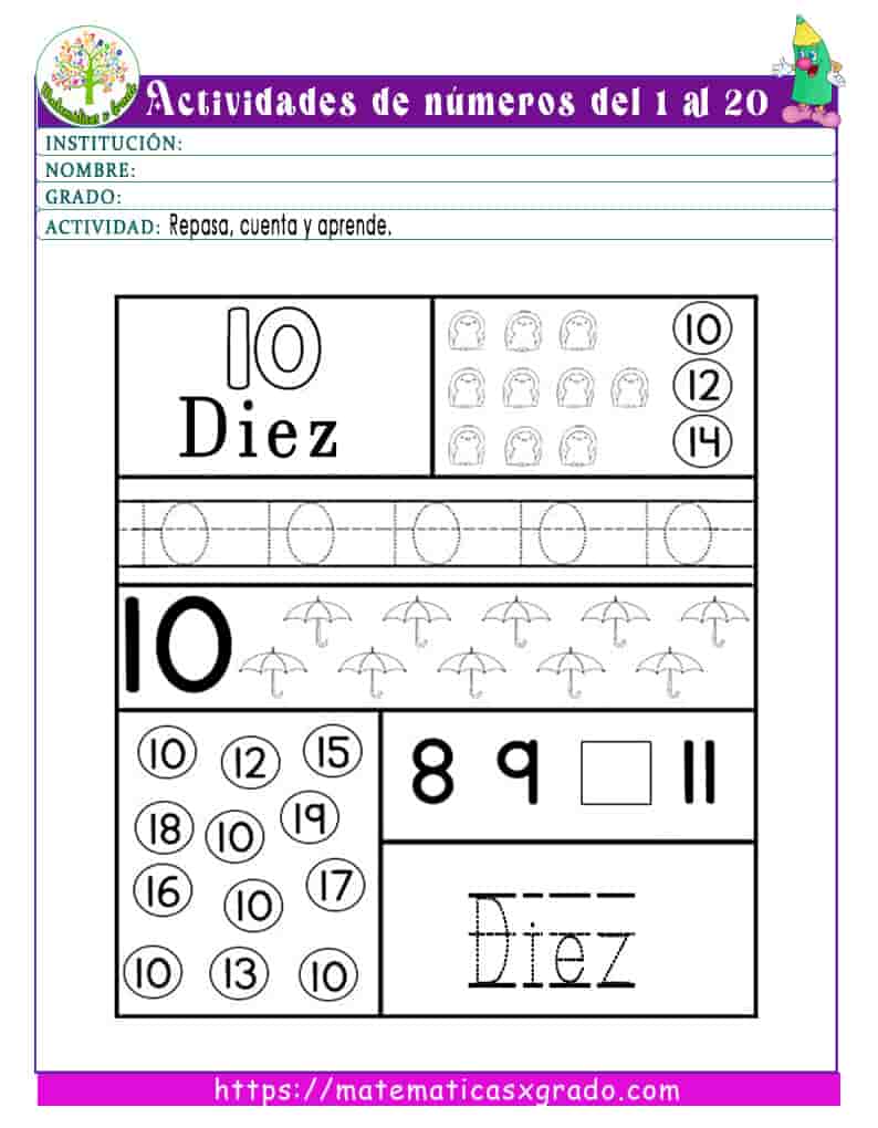 Actividades de conteo con números del 1 al 20 para preescolar