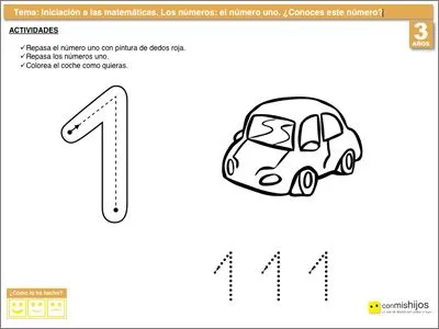 Actividades escolares de matemáticas. El número uno