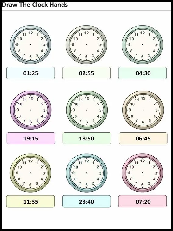 Actividades imprimibles para niños Pon las agujas del reloj 21