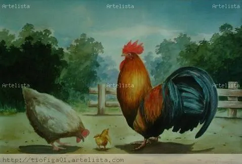 Acuarela Gallo, gallina y pollito Mario Ramirez - Artelista.com