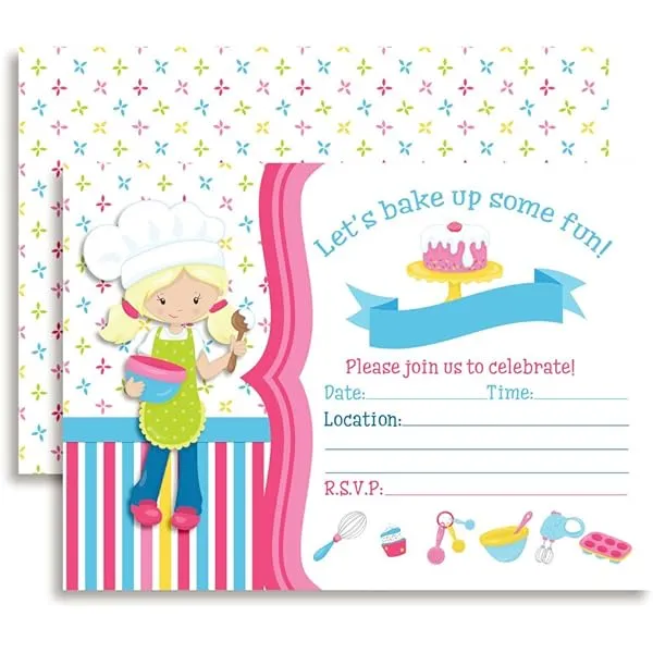 Amazon.com: AmandaCreation - Invitaciones divertidas para fiestas de  cumpleaños temáticas de cocina y horneado para niñas, 20 tarjetas de  relleno de 5 x 7 pulgadas con veinte sobres blancos : Hogar y Cocina