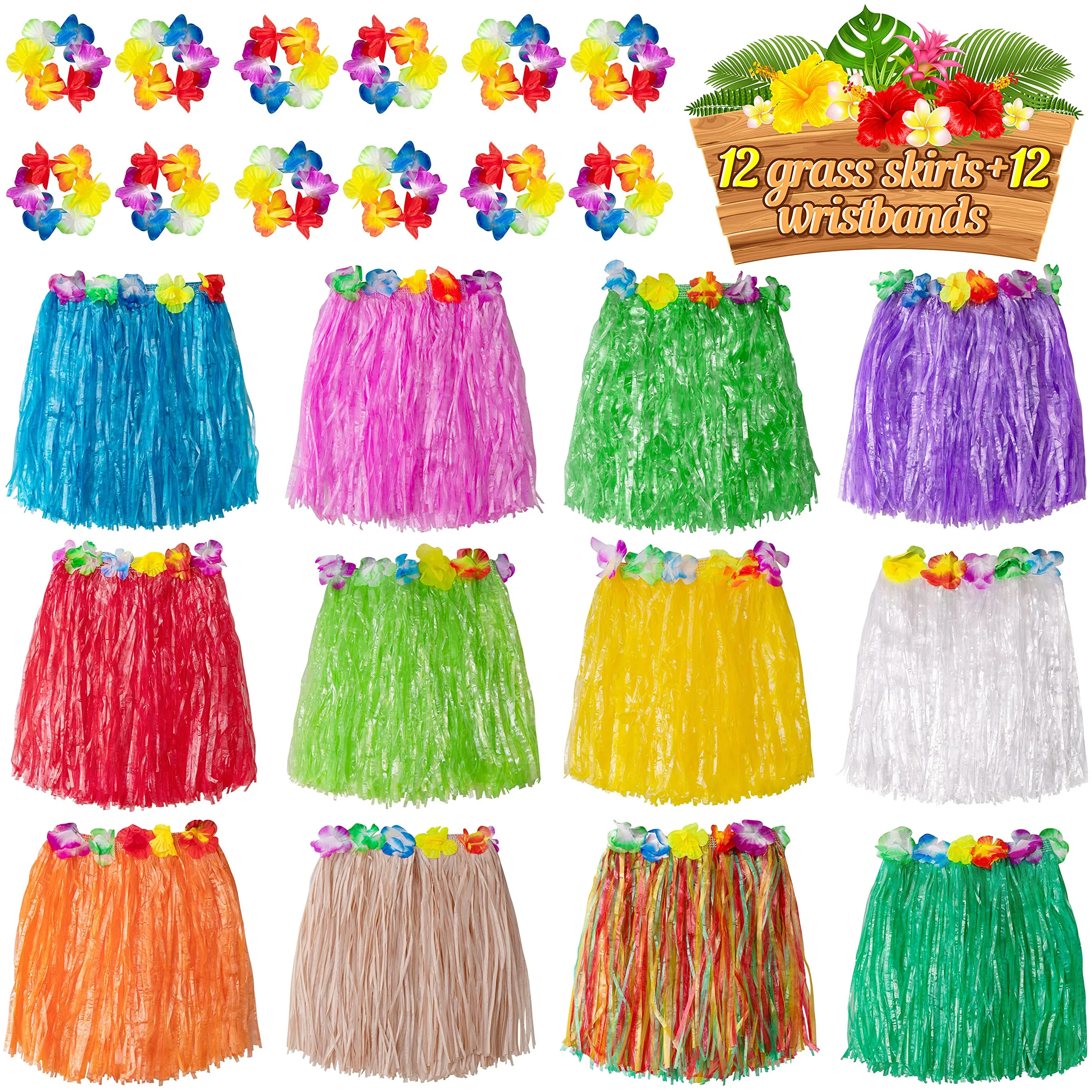 Amazon.com: 8 faldas hawaianas luau hula, de hierba y flores de hibisco,  decoración para cumpleaños fiesta tropical : Juguetes y Juegos