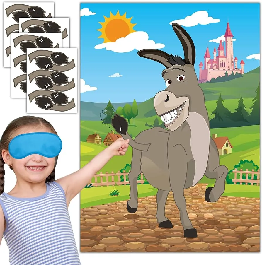 Amazon.com: Joy Bang Juego de fiesta de Pin the Tail on the Donkey para  niños con calcomanías de cola de burro y máscaras de ojos, suministros de  decoración de fiesta de cumpleaños