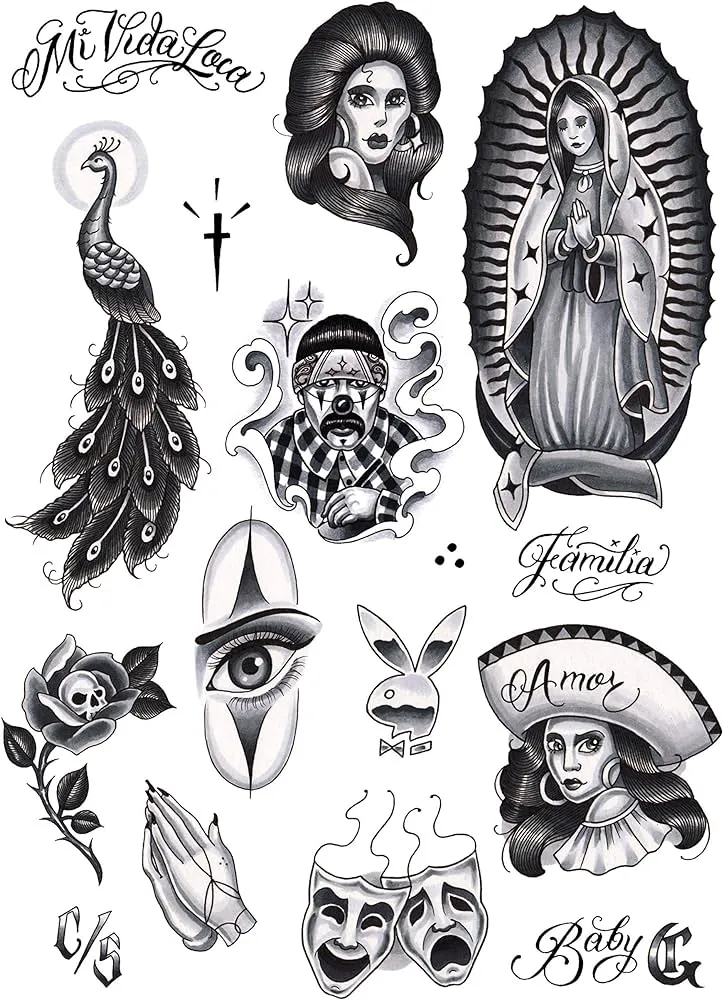 Amazon.com: Tatsy Chicano, juego de tatuajes temporales para hombres y mujeres, tatuajes falsos de temperatura corporal, cultura estilo chicana Gansta Lowrider, diseños realistas únicos : Belleza y Cuidado Personal