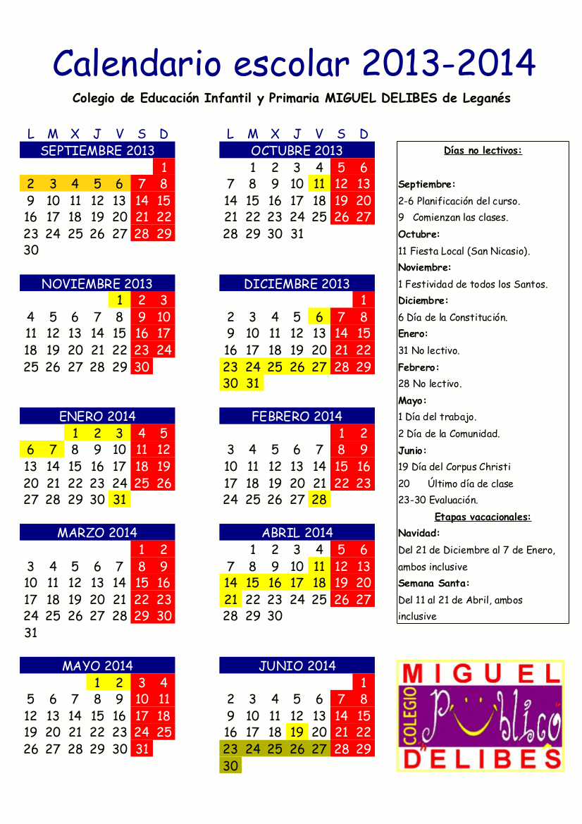 AMPA C. P. Miguel Delibes: Calendario Escolar para el curso 2013 ...