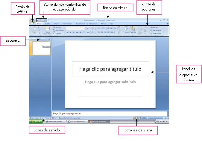 Ana: pantalla principal de Microsoft Power Point 2007 con sus ...