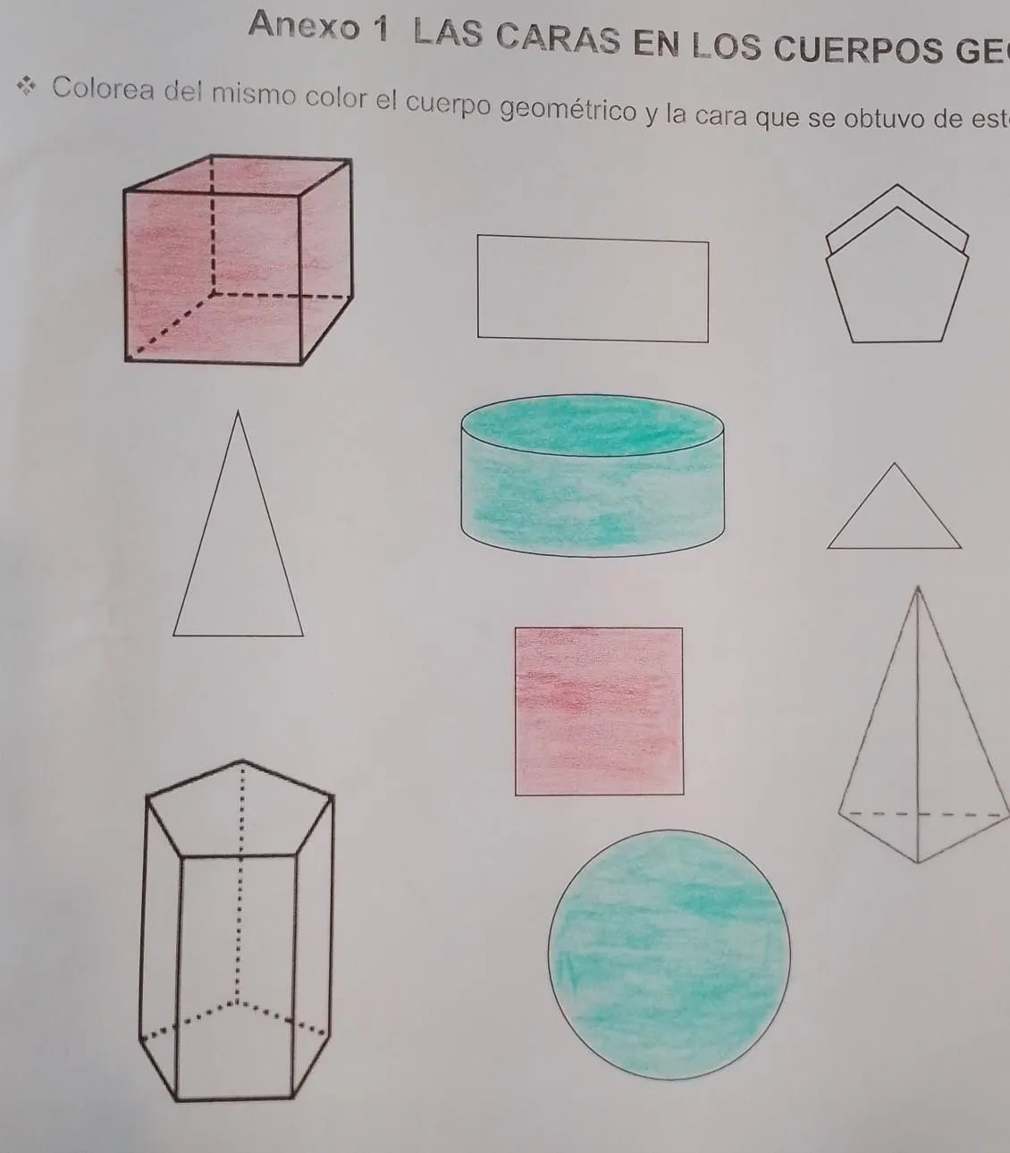 Anexo 1 LAS CARAS EN LOS CUERPOS GEOMÉTRICOS Colorea del mismo color el  cuerpo geométrico y la cara que se - Brainly.lat