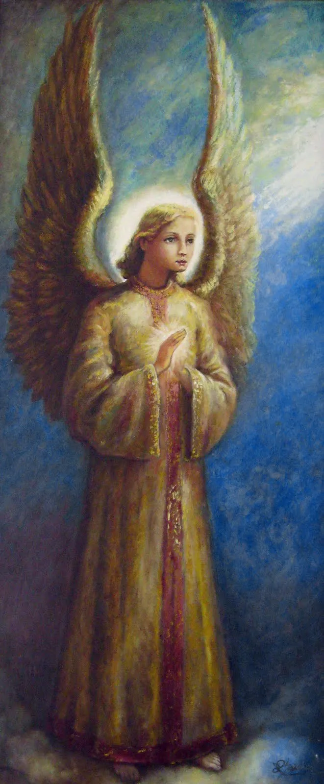 Angel de mi guarda, orando, oleo sobre lienzo, 100 x 40 cm