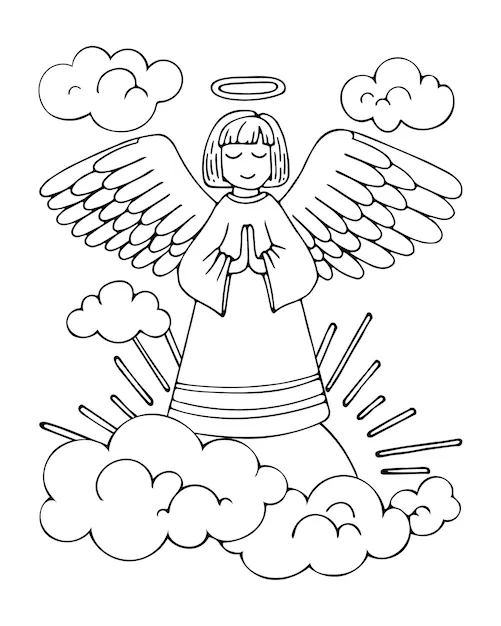 Ángel página para colorear oración por la paz en el cielo celestial santo  ángel guardián dibujo de línea vectorial dibujado a mano libro para  colorear para niños y adultos bosquejo en blanco