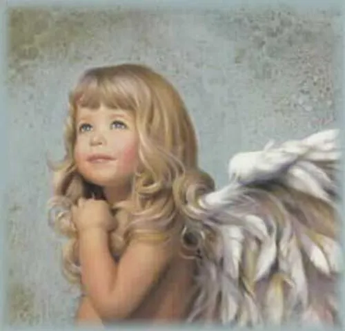 niña rubia con alas angel ojos azules pintura ángel de la guarda