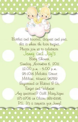 Angels Precious Moments Baby Shower Invitations Green and Polka Dots