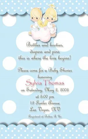 Angels Precious Moments Baby Shower Invitations Blue and Polka Dots