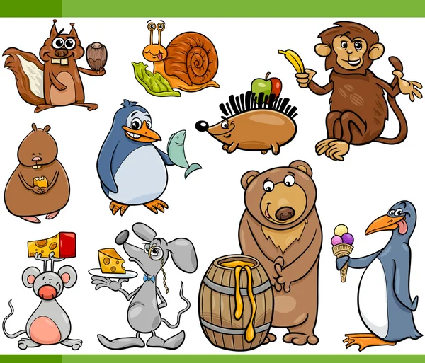 animales y alimentos de dibujos animados conjunto — Vector stock ...