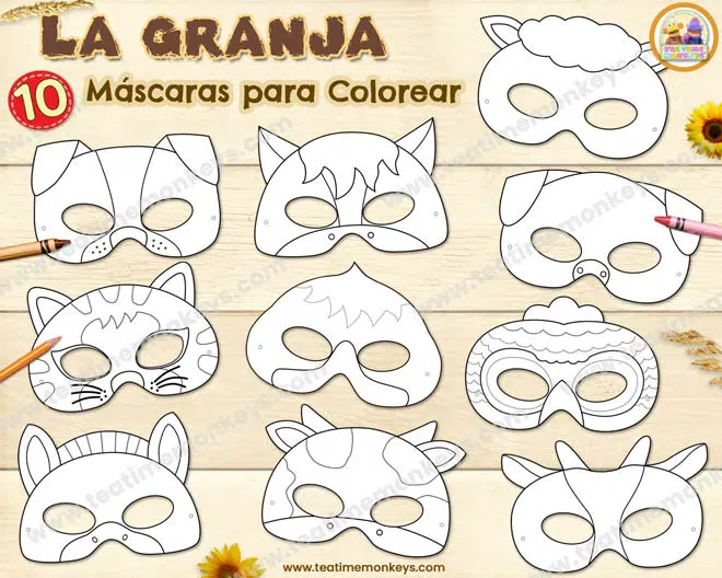 Animales de la Granja: Máscaras para Colorear - Tea Time Monkeys