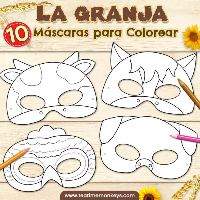 Animales de la Granja: Máscaras para Colorear - Tea Time Monkeys