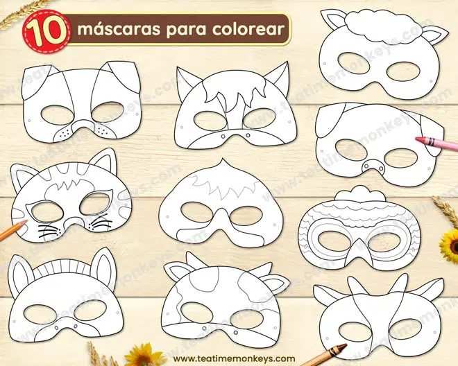 Animales de la Granja: Máscaras para Colorear - Tea Time Monkeys