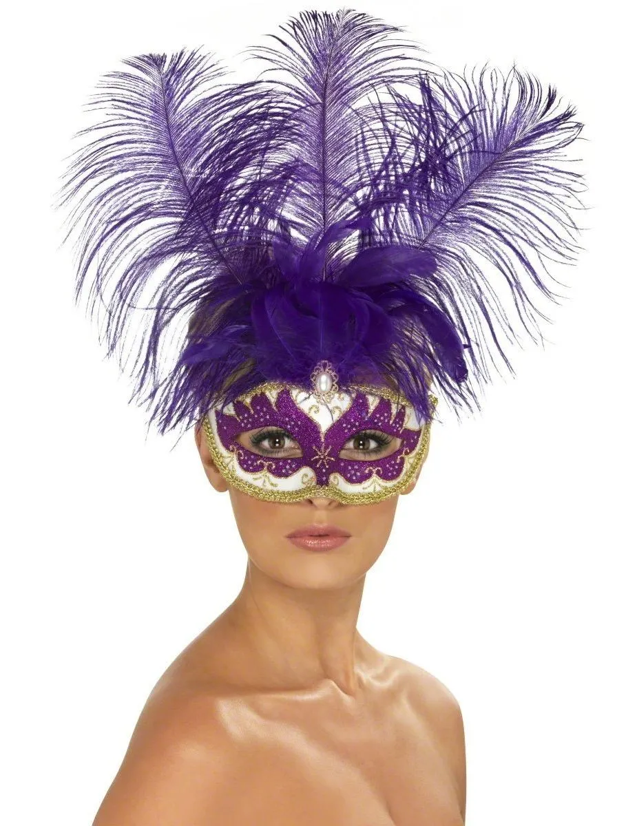 Antifaz veneciano violeta con plumas para adulto : Máscaras, y ...